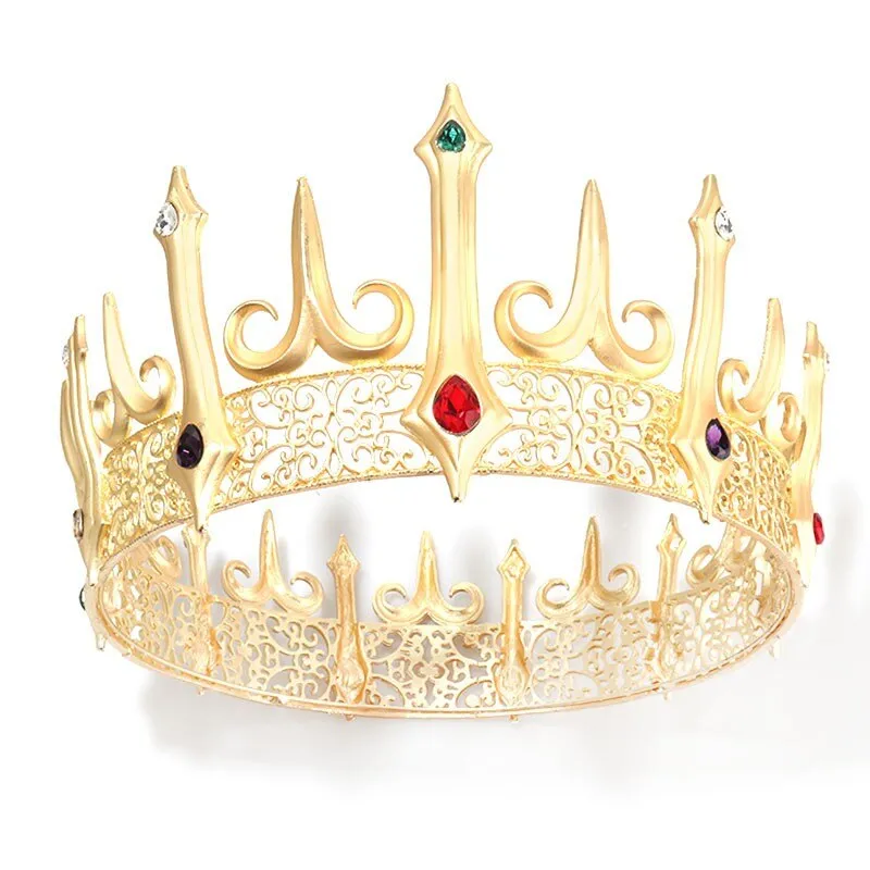 Baroque Golden Large Crystal Big Round Royal King Crown Party Accessory