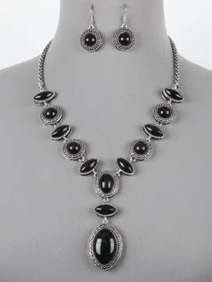 Black Fashion Western Linked Stone Turquoise Necklace, Stone Pendant Necklace Set