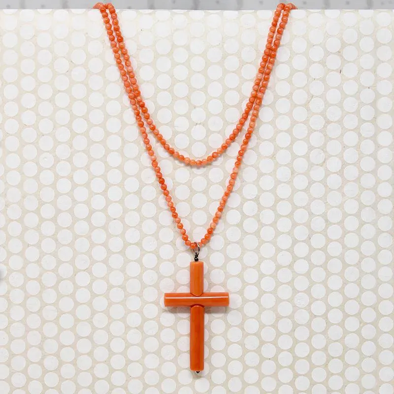 Coral Cross on a 36" Strand of Beads by Ancient Influences