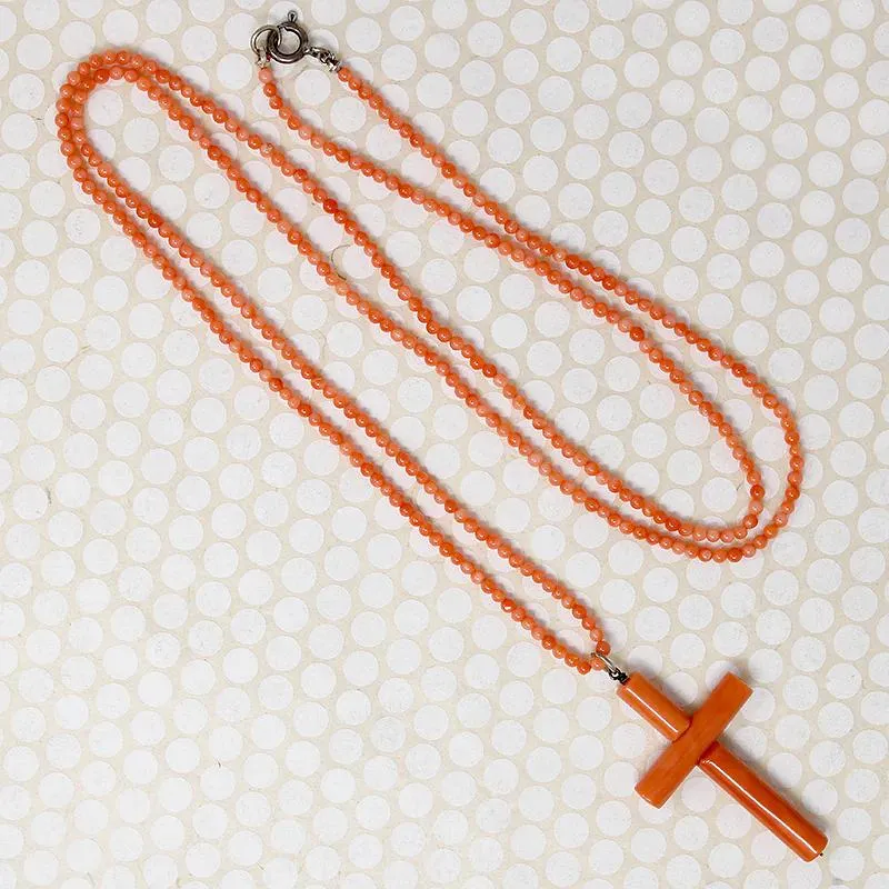 Coral Cross on a 36" Strand of Beads by Ancient Influences