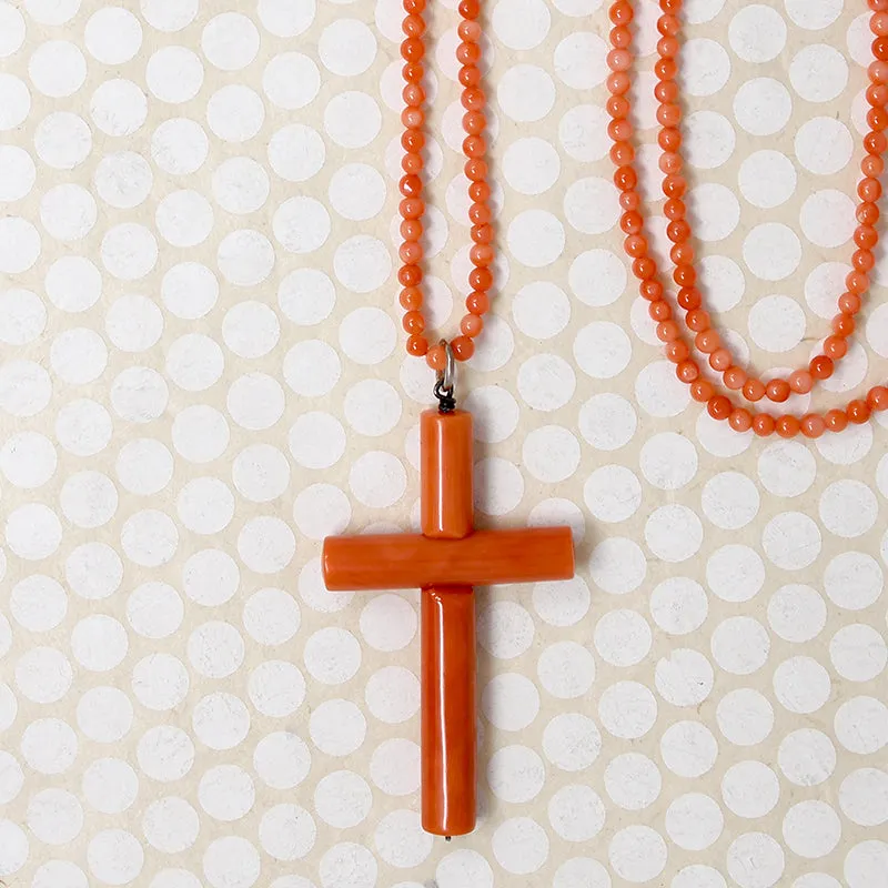 Coral Cross on a 36" Strand of Beads by Ancient Influences