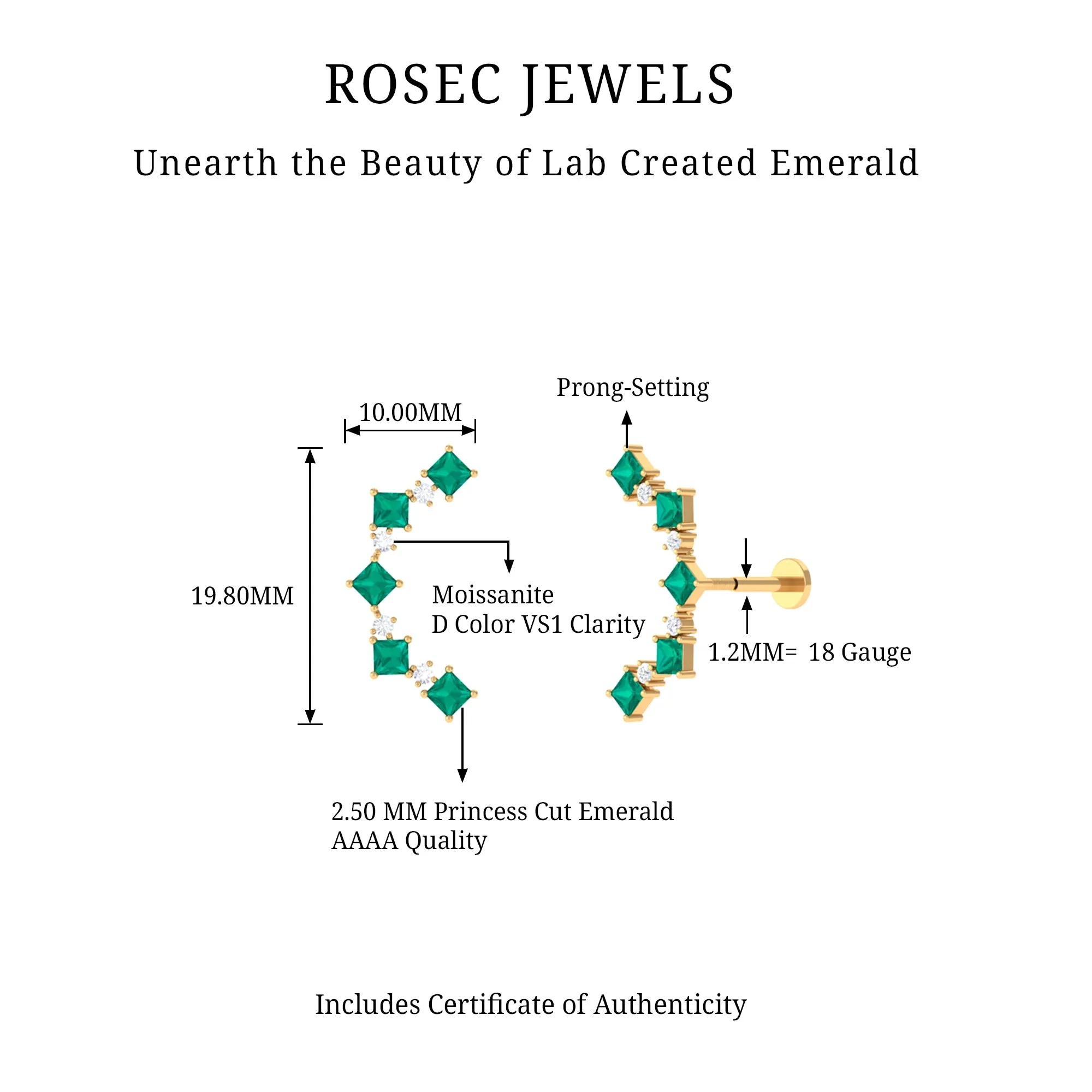 Created Emerald and Moissanite Curved Crawler Earring