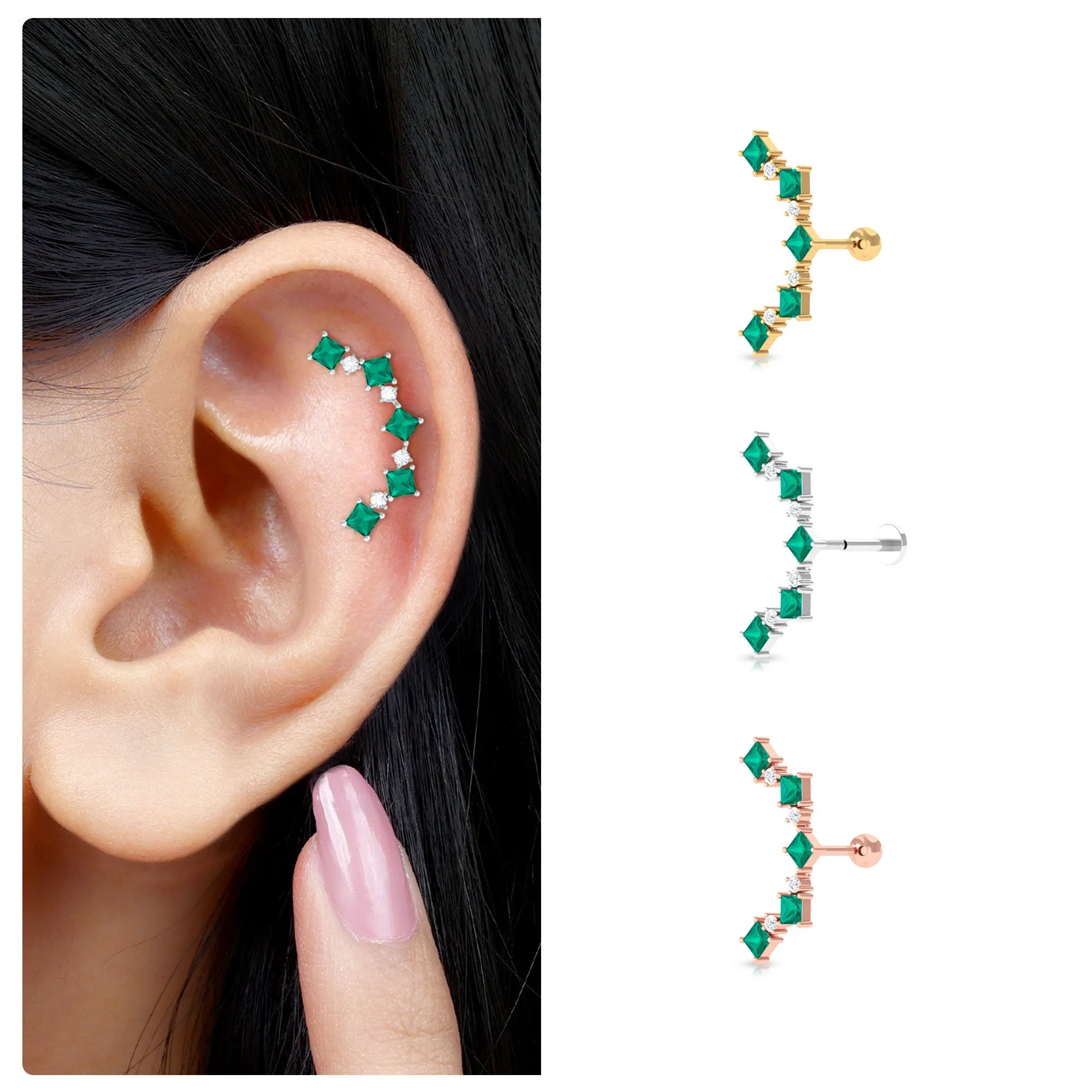 Created Emerald and Moissanite Curved Crawler Earring