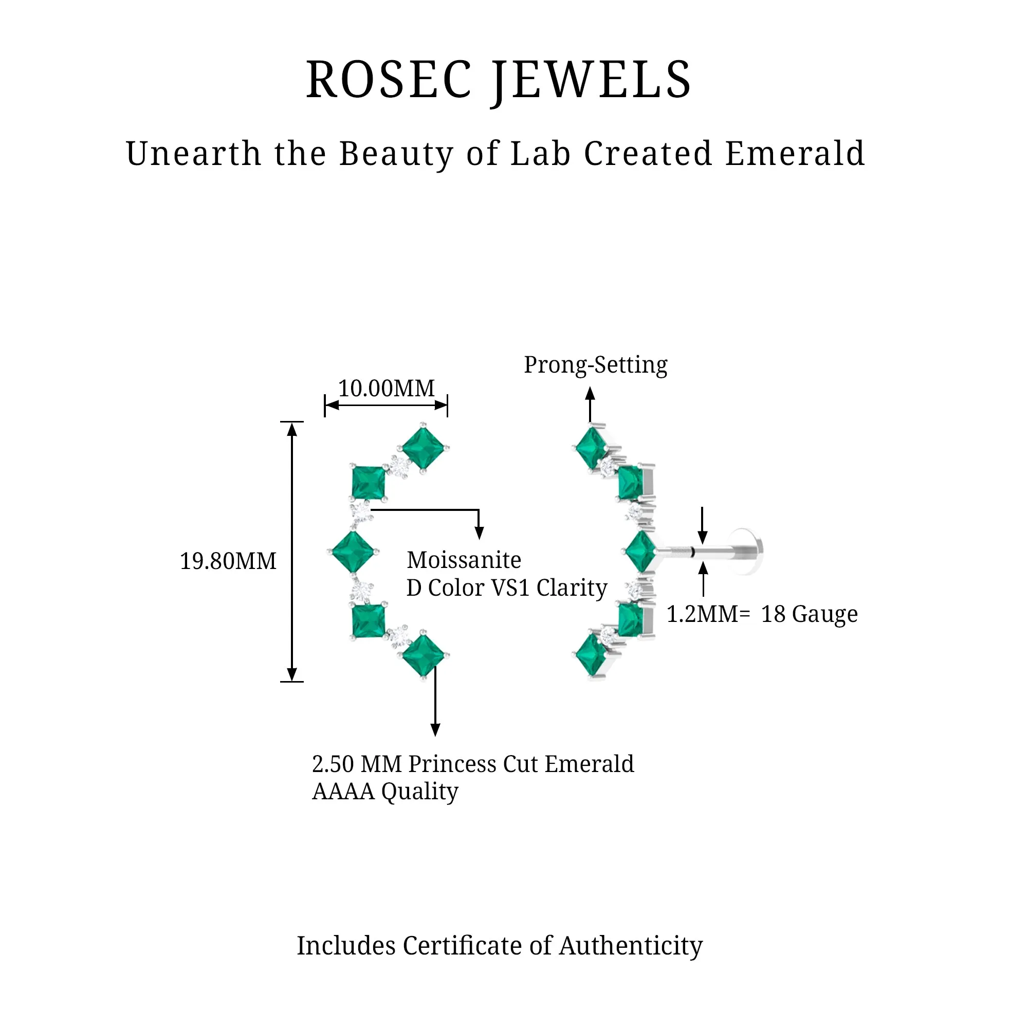Created Emerald and Moissanite Curved Crawler Earring