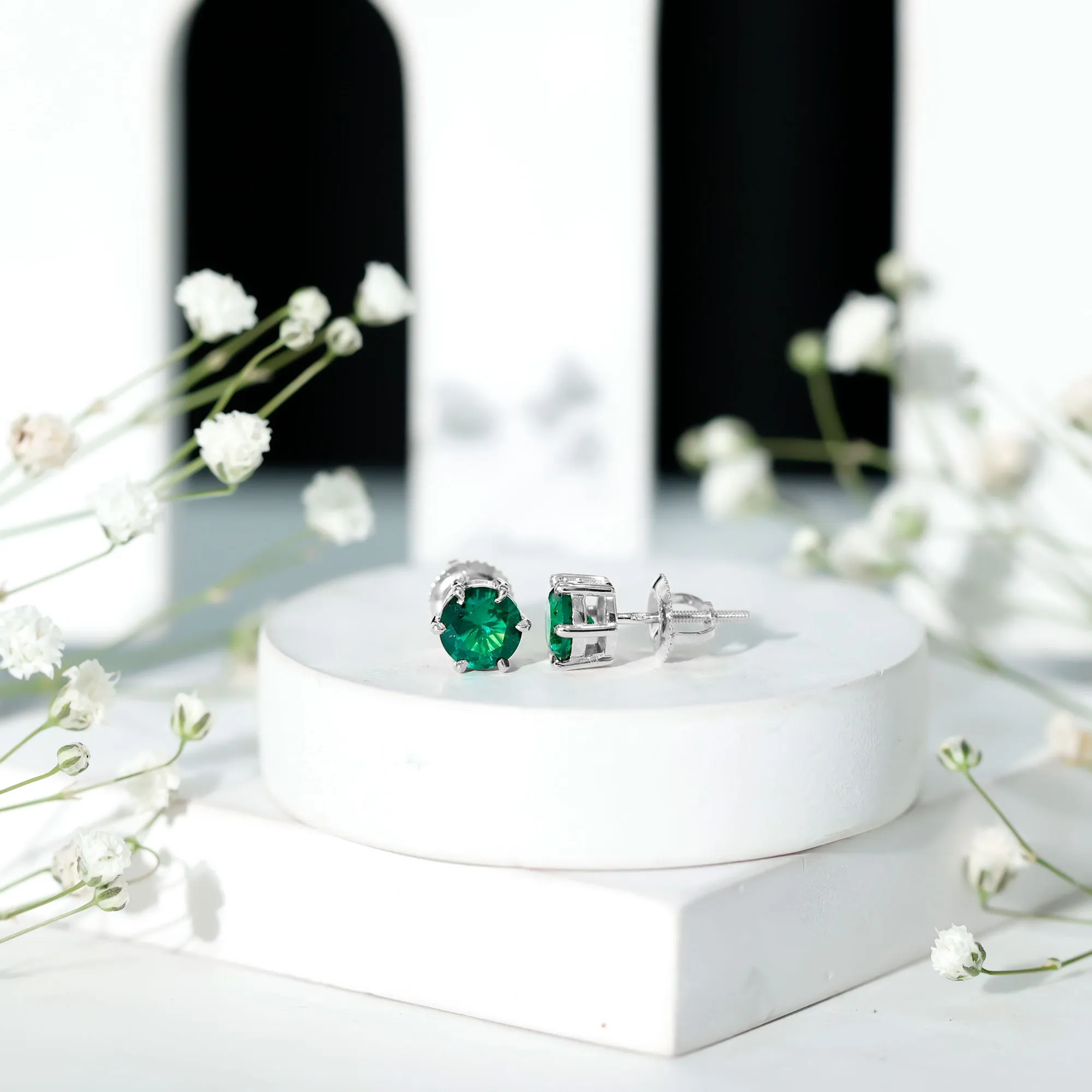 Created Emerald Simple Solitaire Stud Earrings