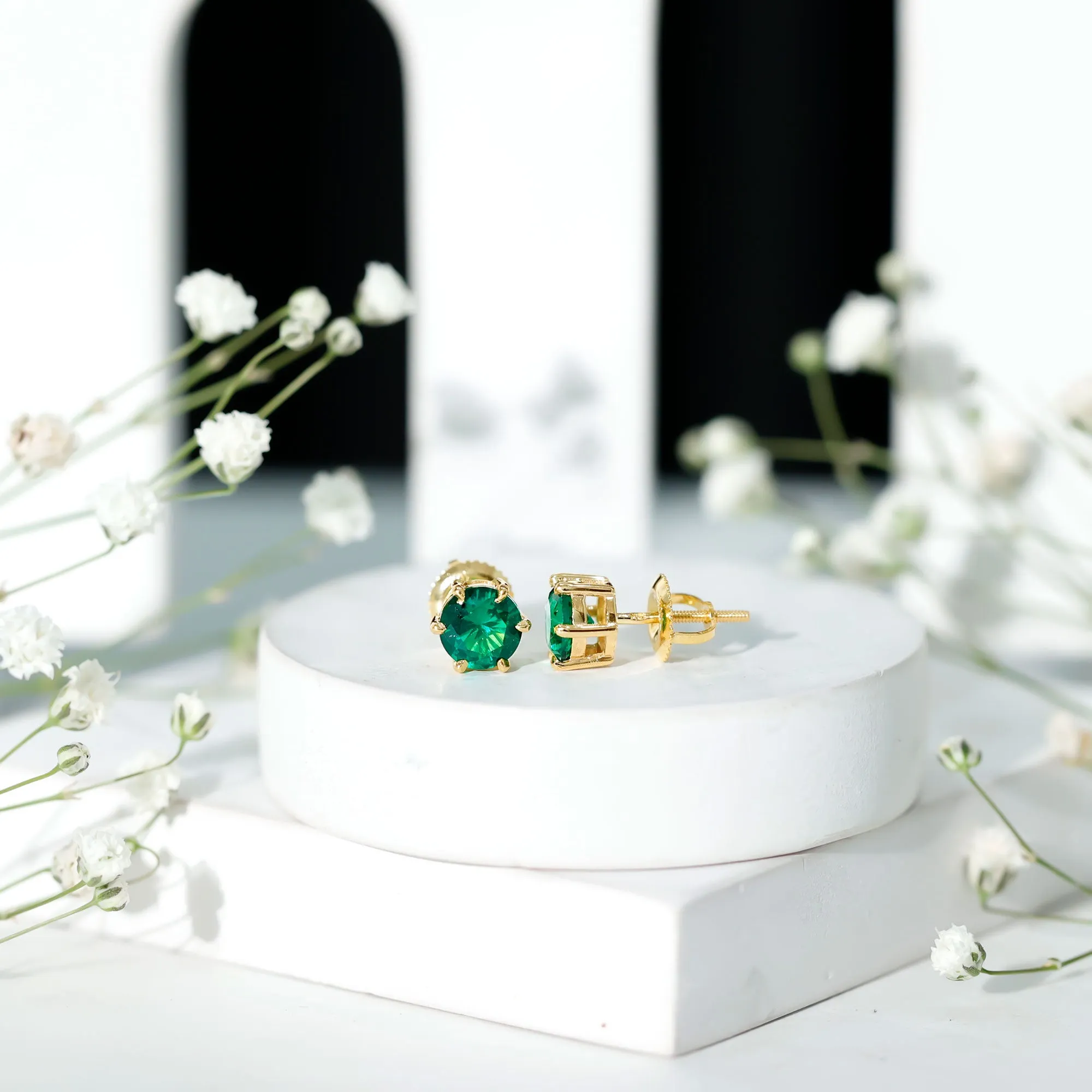 Created Emerald Simple Solitaire Stud Earrings