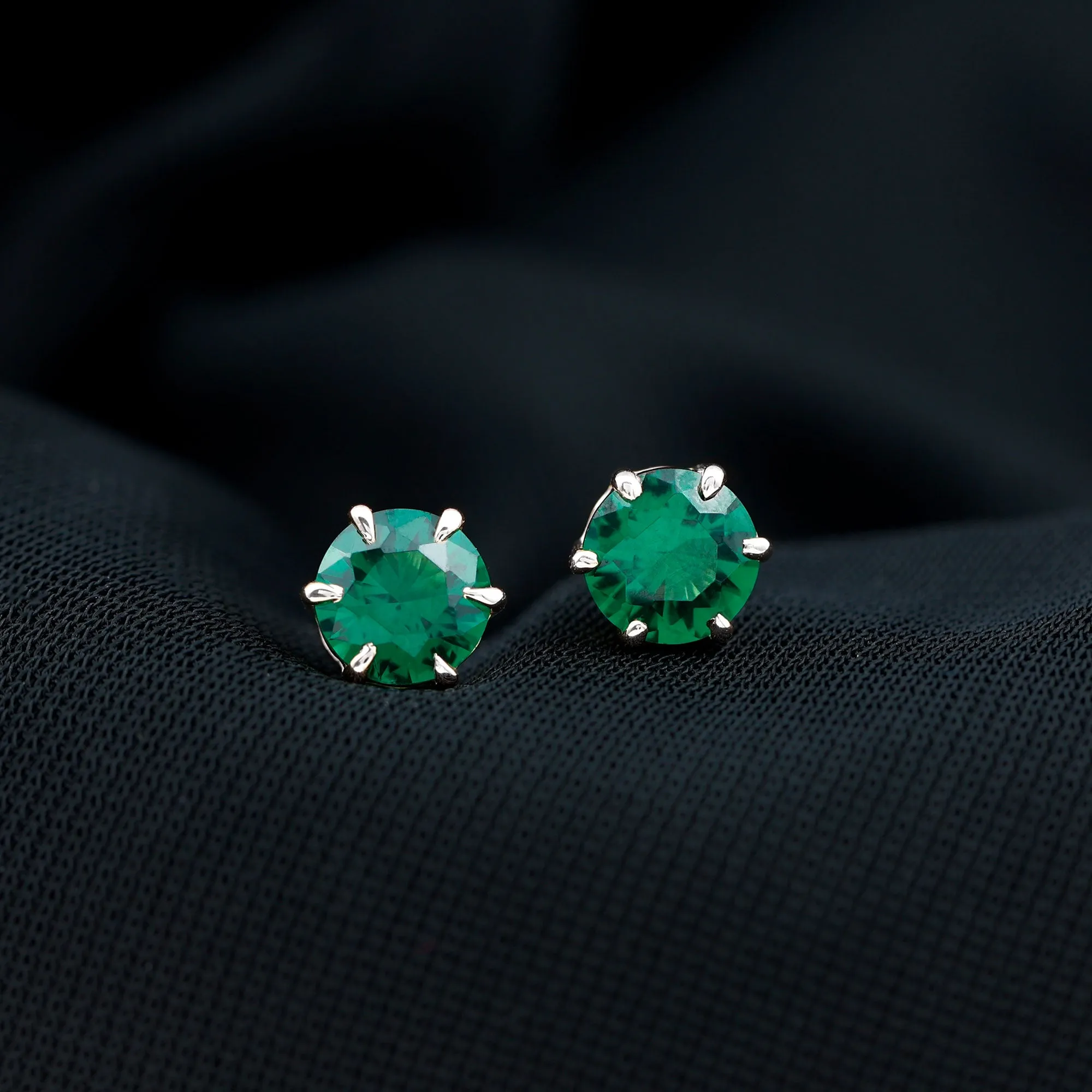 Created Emerald Simple Solitaire Stud Earrings