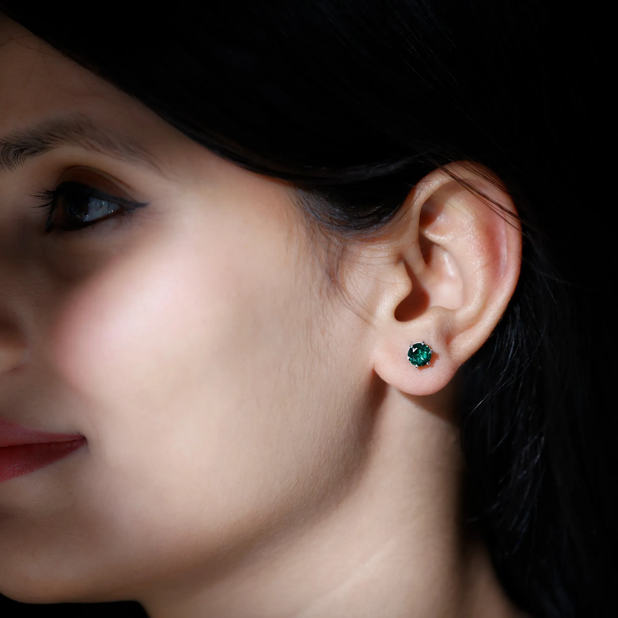 Created Emerald Simple Solitaire Stud Earrings