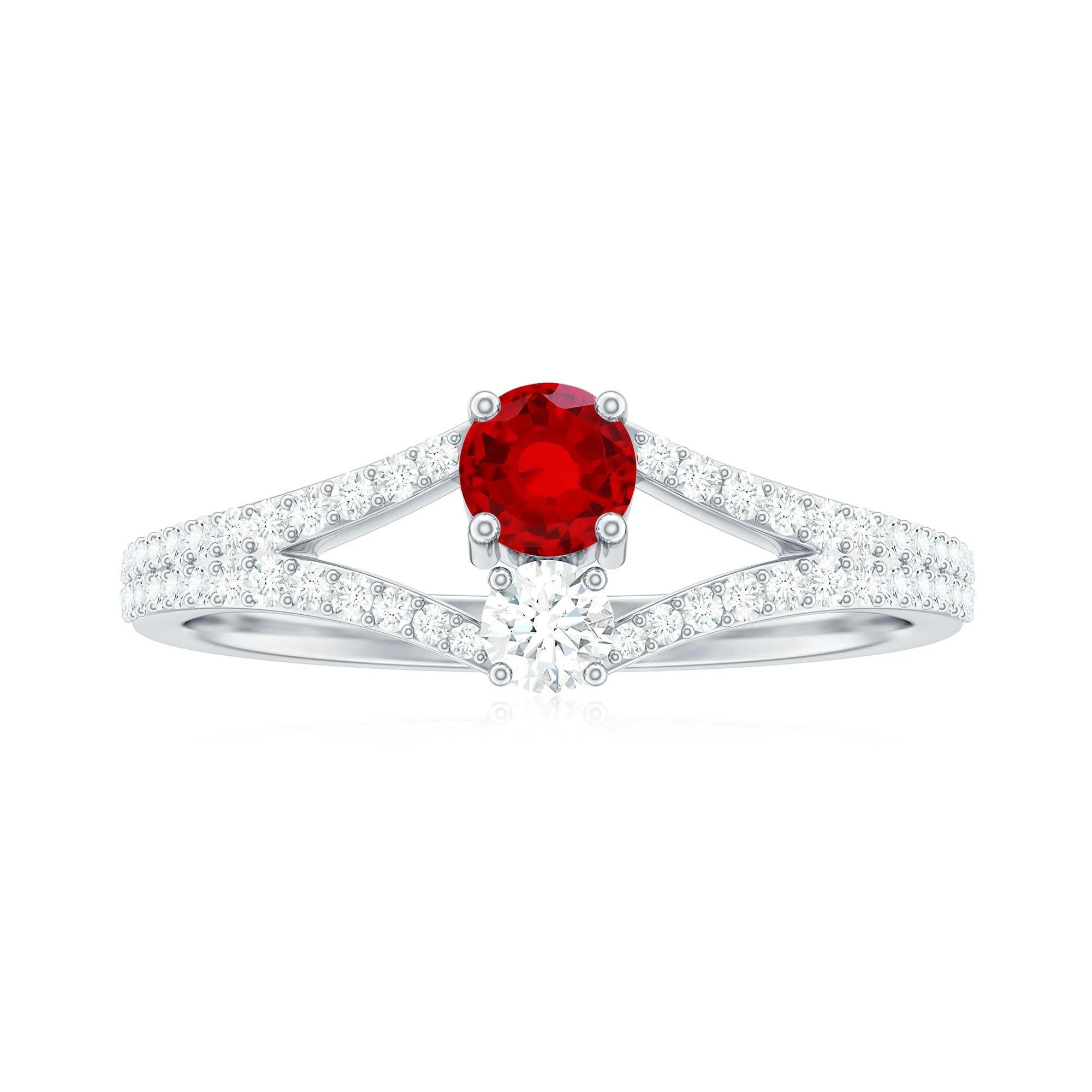 Created Ruby and Diamond Two Stone Split Shank Engagement Ring