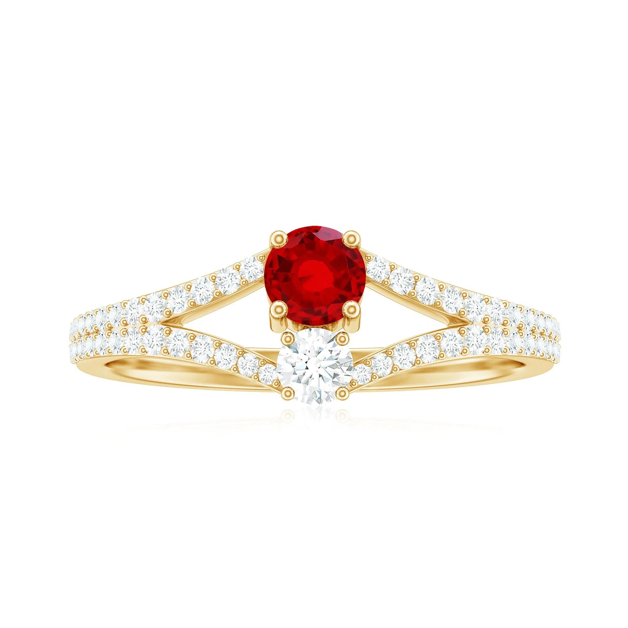 Created Ruby and Diamond Two Stone Split Shank Engagement Ring