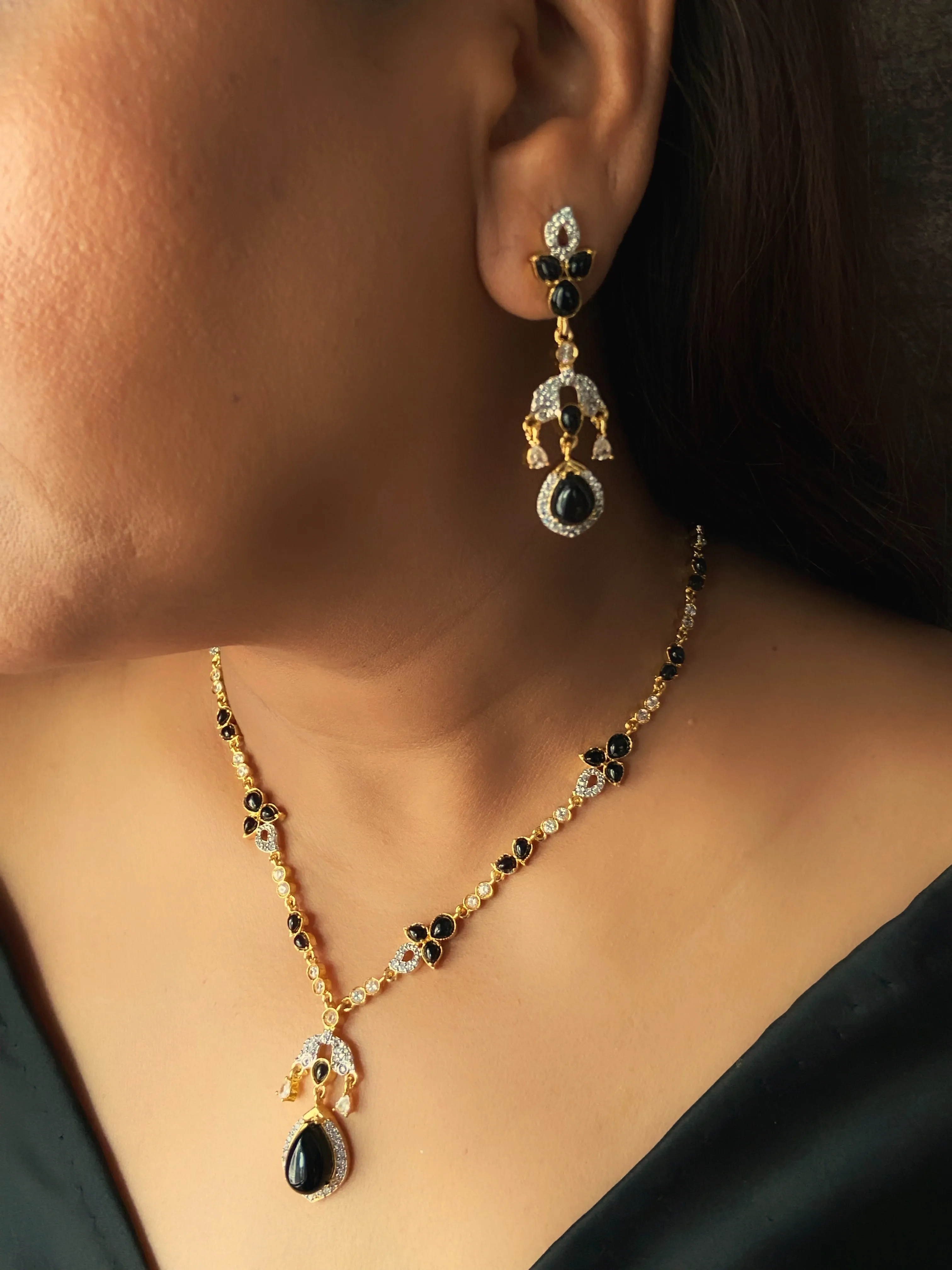 Dainty black onyx and zirconia necklace set