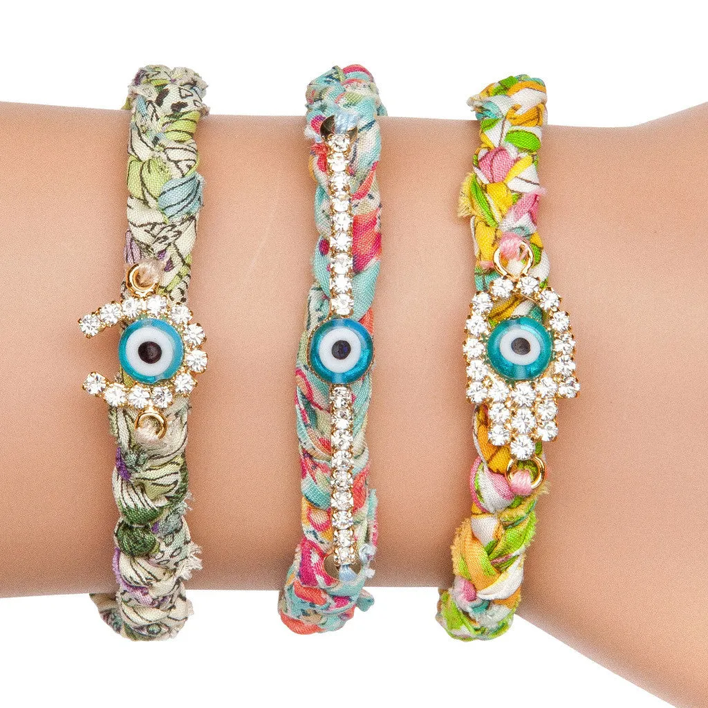 Diamante Horseshoe Lucky Charm Liberty Print Braid Bracelet