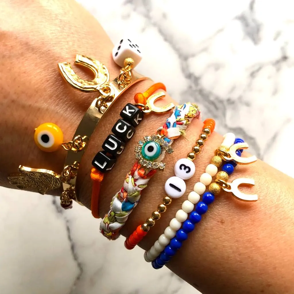 Diamante Horseshoe Lucky Charm Liberty Print Braid Bracelet