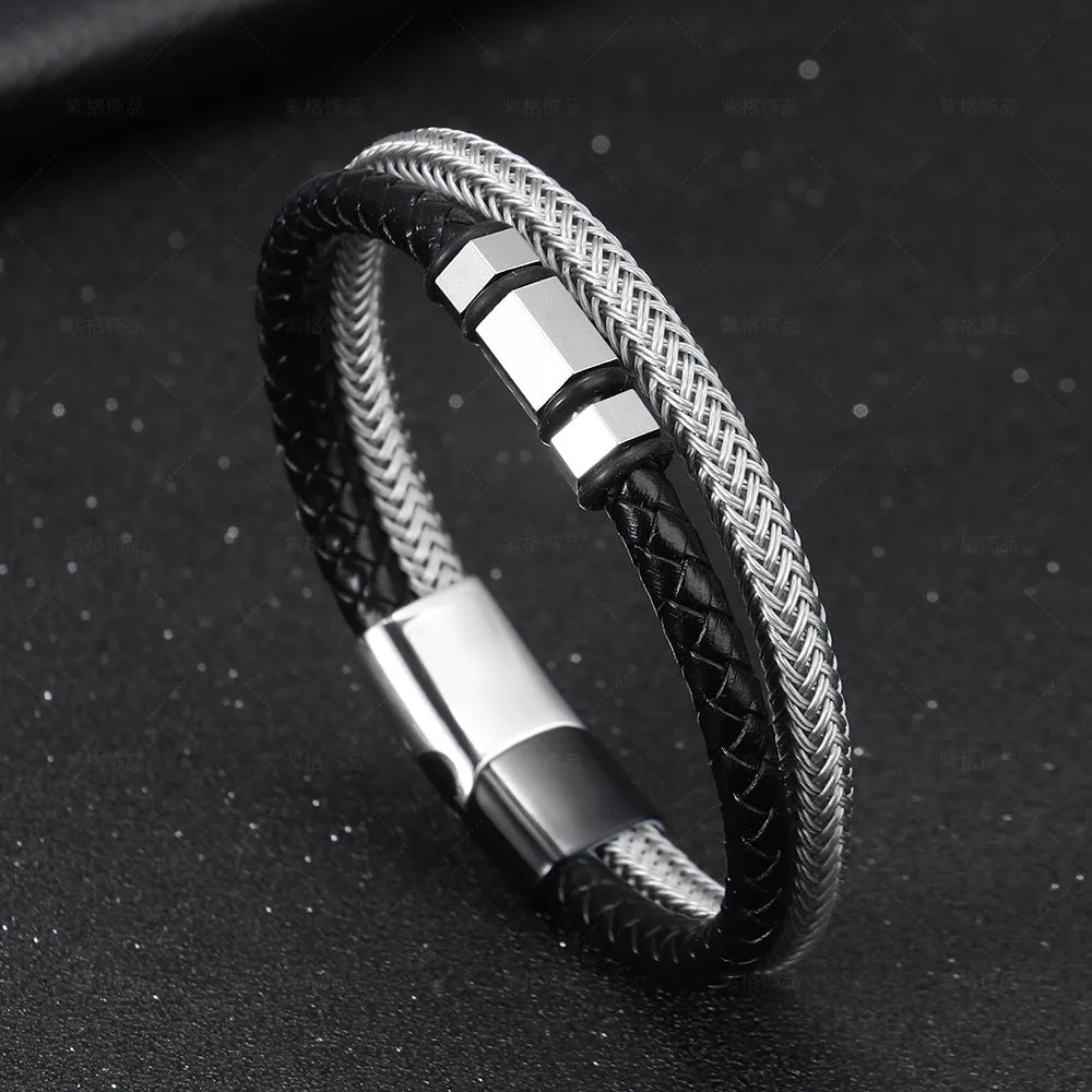 E-Commerce Stainless Steel Simple Steel Wire Woven Bracelet Men's Leather Magnetic Snap Titanium Steel