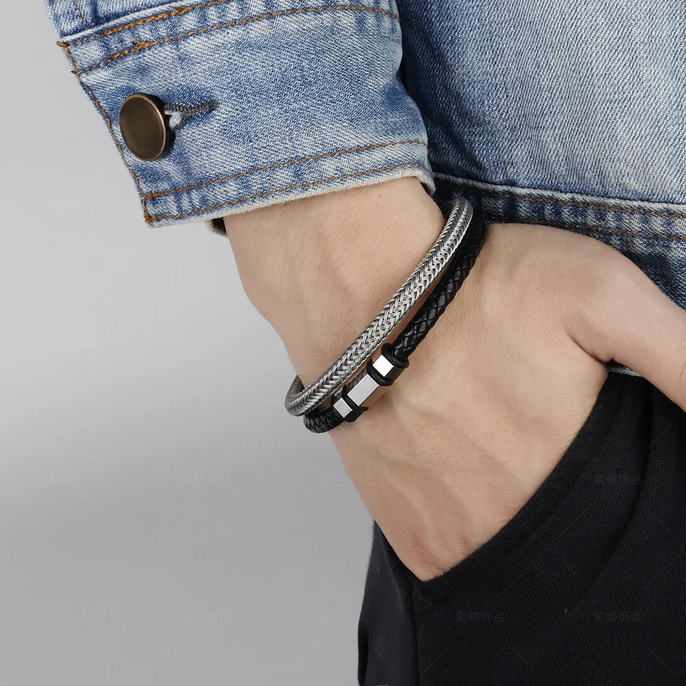 E-Commerce Stainless Steel Simple Steel Wire Woven Bracelet Men's Leather Magnetic Snap Titanium Steel