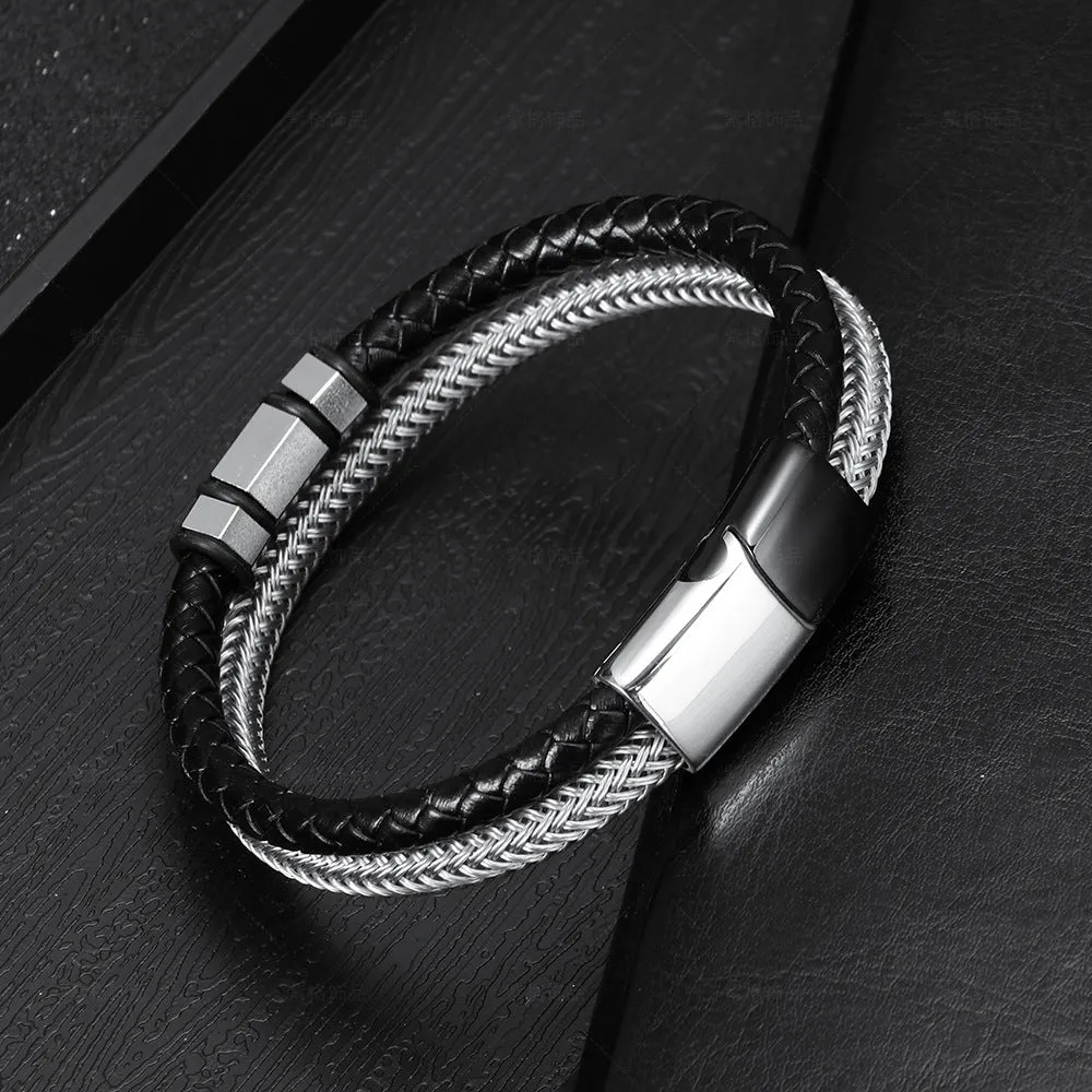 E-Commerce Stainless Steel Simple Steel Wire Woven Bracelet Men's Leather Magnetic Snap Titanium Steel