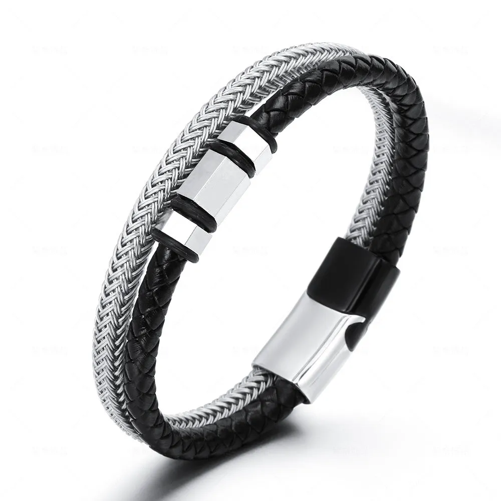 E-Commerce Stainless Steel Simple Steel Wire Woven Bracelet Men's Leather Magnetic Snap Titanium Steel
