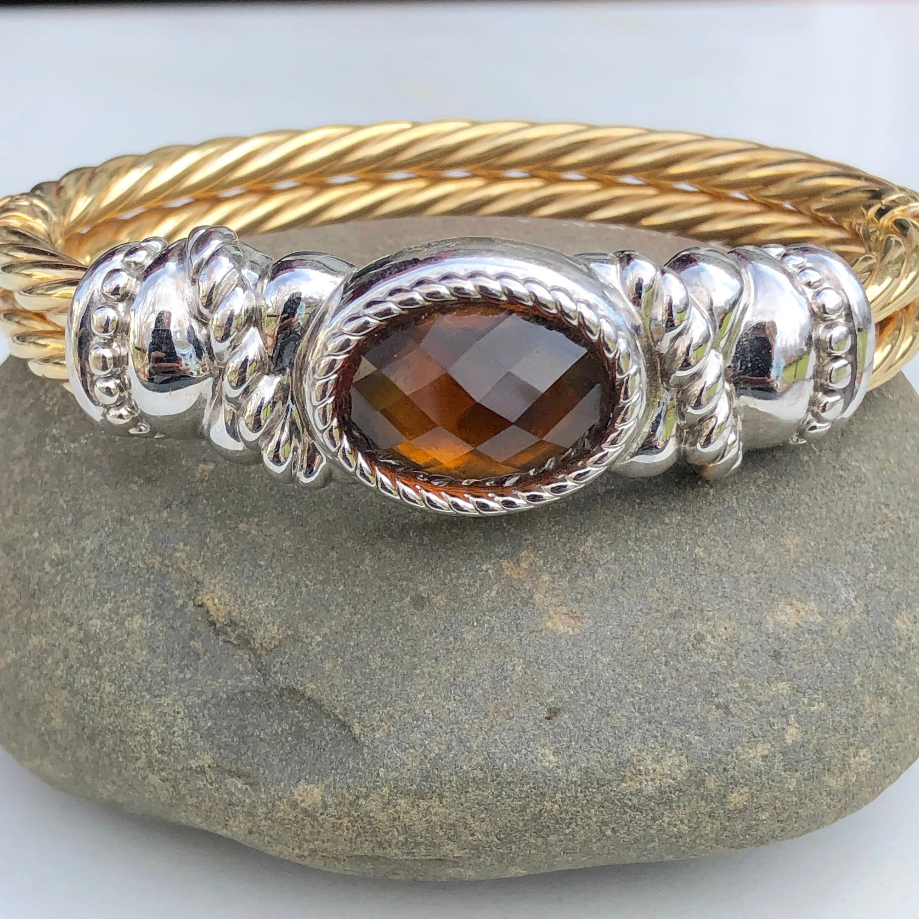 Estate 14KT Yellow Gold Cable Style   White Gold Checkerboard Citrine Bracelet