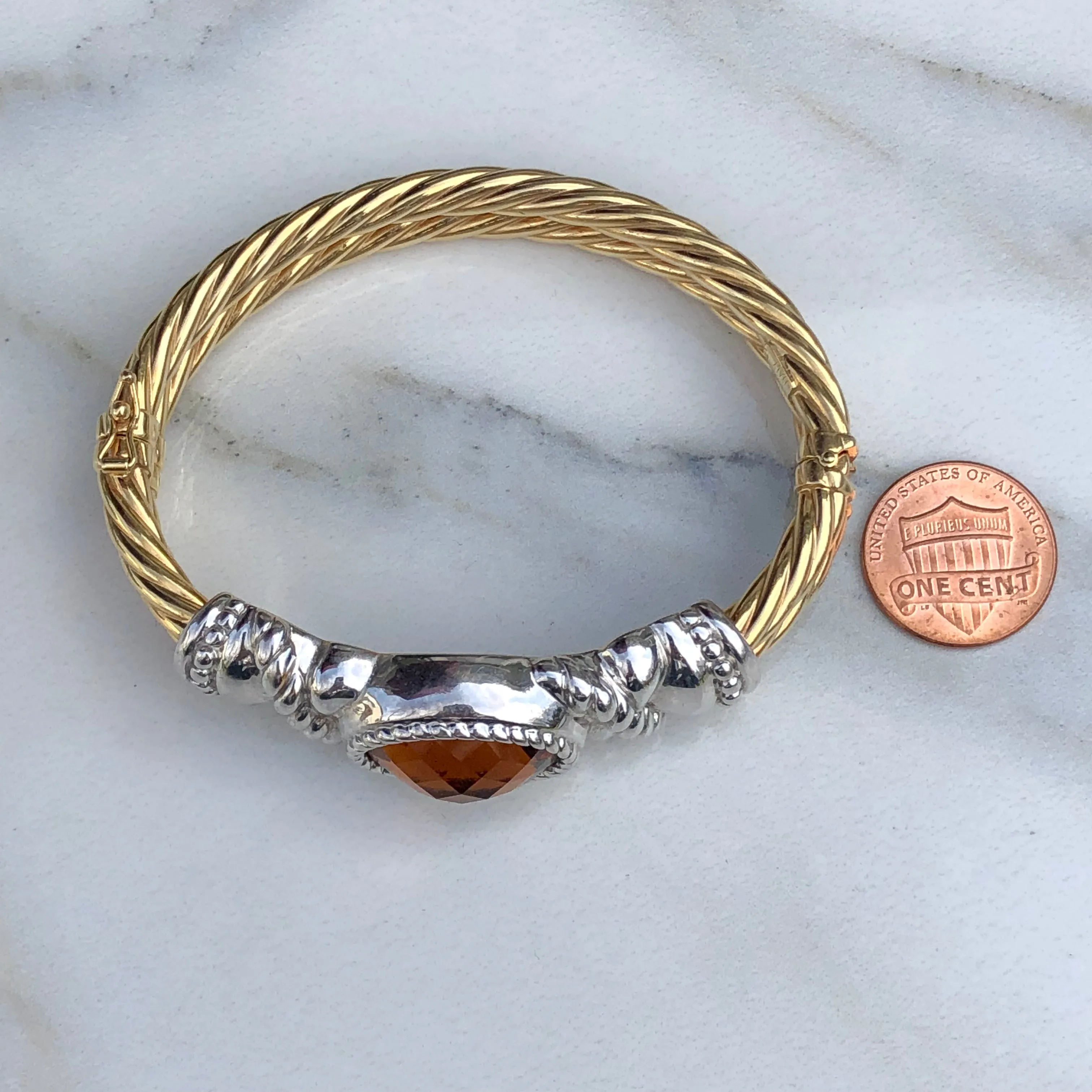 Estate 14KT Yellow Gold Cable Style   White Gold Checkerboard Citrine Bracelet