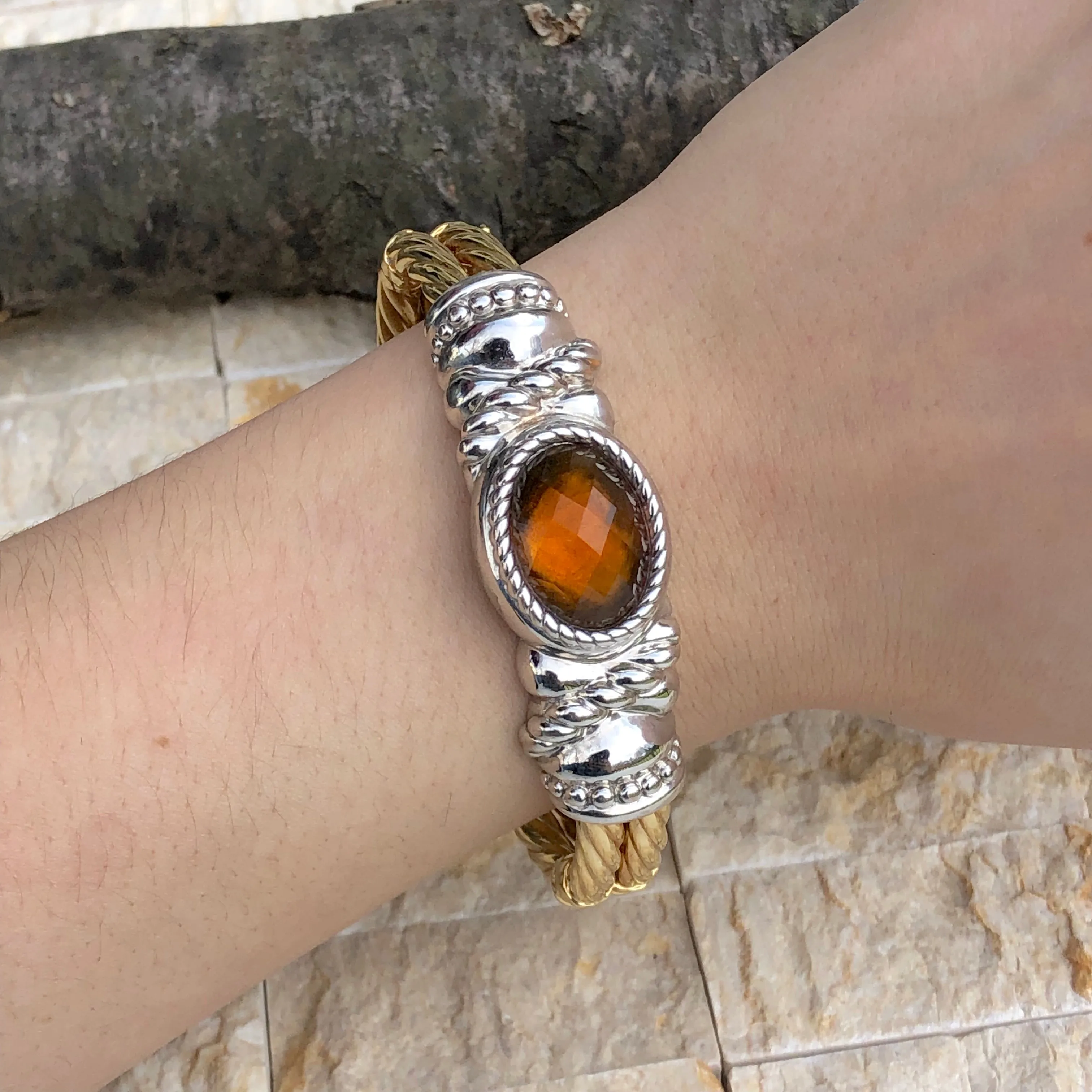 Estate 14KT Yellow Gold Cable Style   White Gold Checkerboard Citrine Bracelet