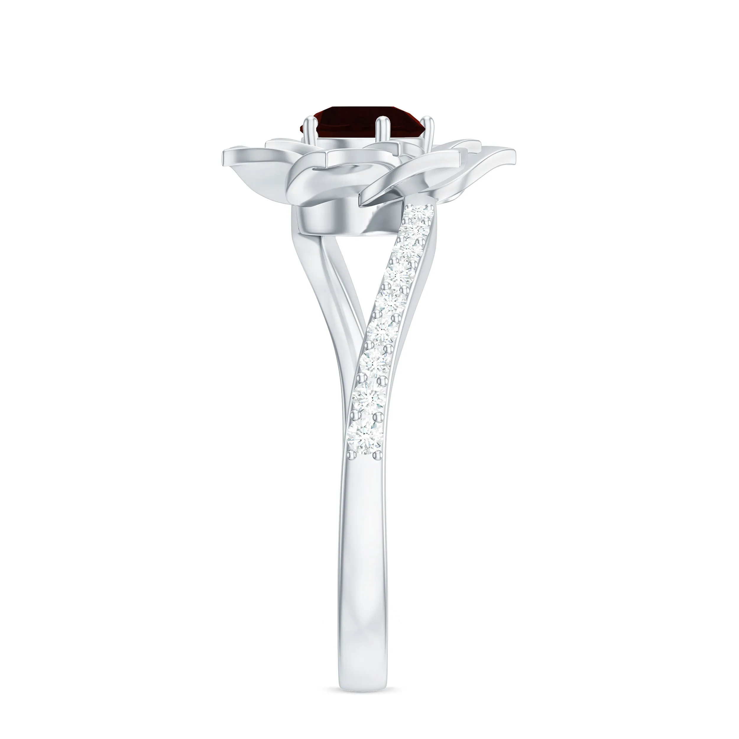 Flower Inspired Garnet Bypass Engagement Ring with Diamond