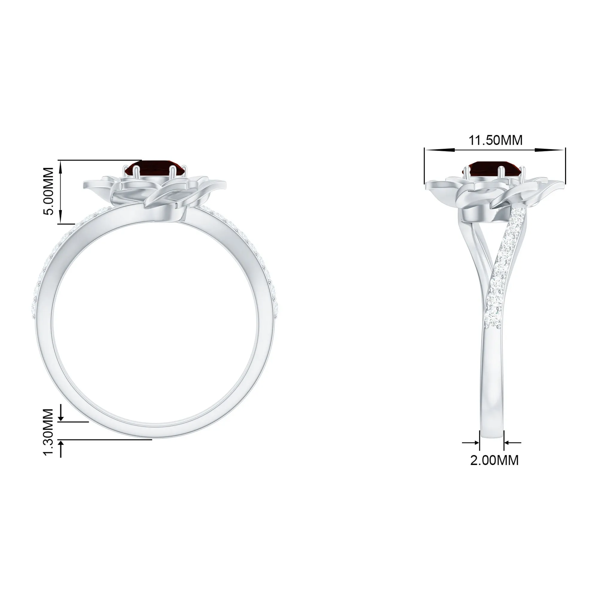 Flower Inspired Garnet Bypass Engagement Ring with Diamond