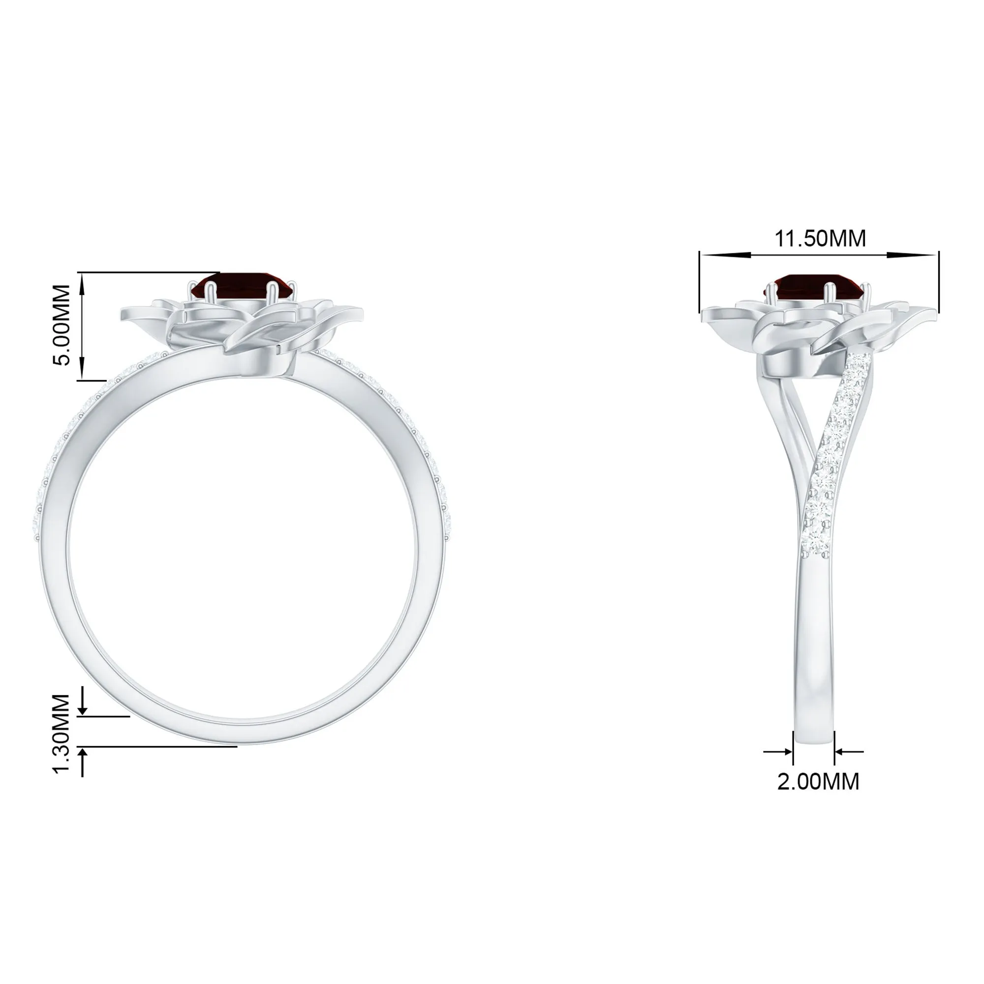 Flower Inspired Garnet Bypass Engagement Ring with Diamond