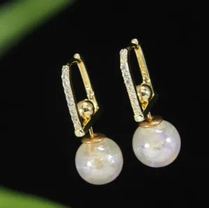 Gold Plated White Pearl Design Drop Cubic Zirconia Korean Earring