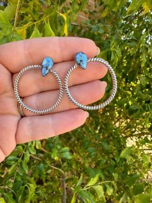 Handmade Golden Hills Turquoise & Sterling Silver Hoop Earrings Signed Nizhoni