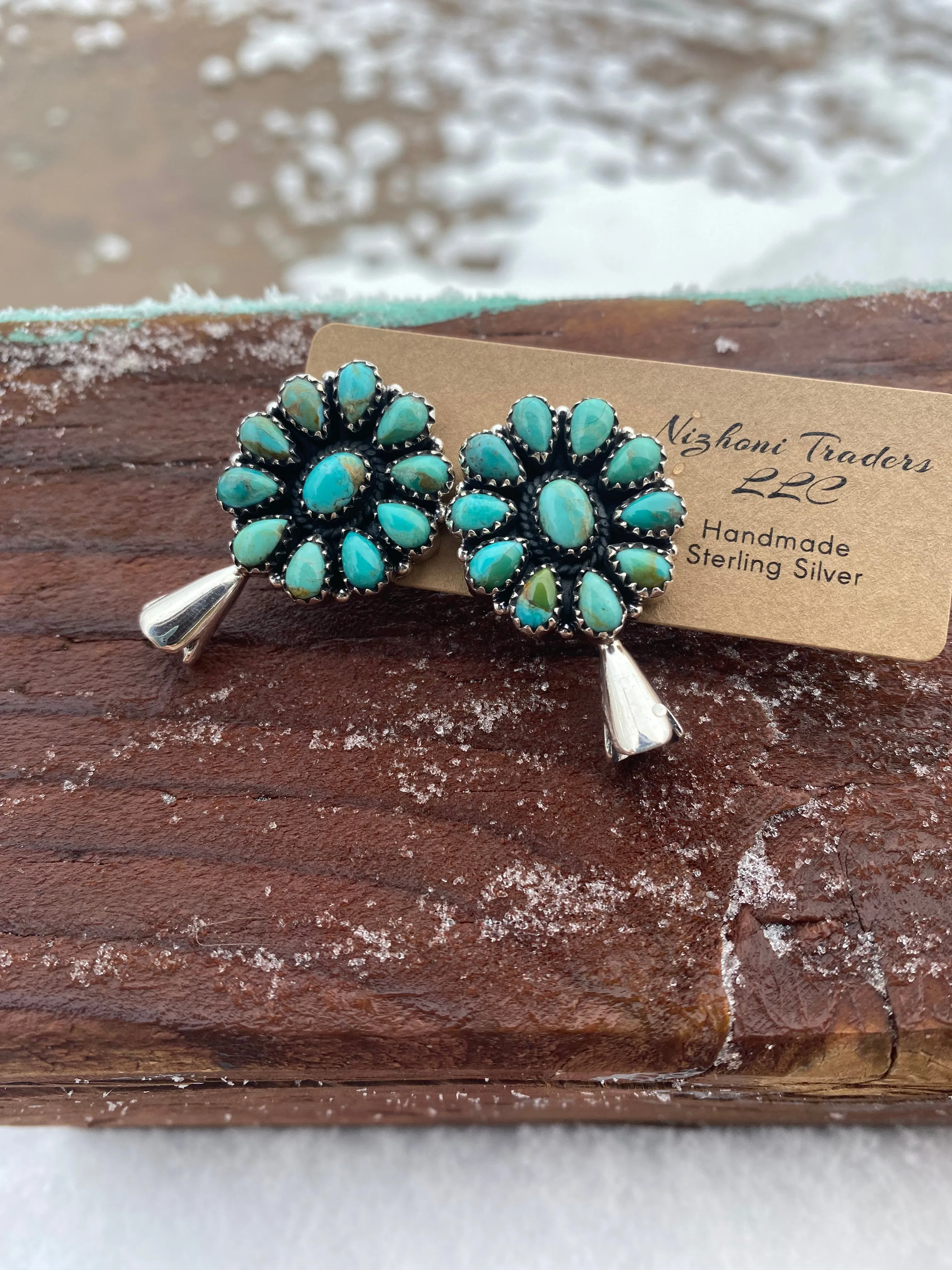 Handmade Sterling Silver & Turquoise Squash Blossom Earrings