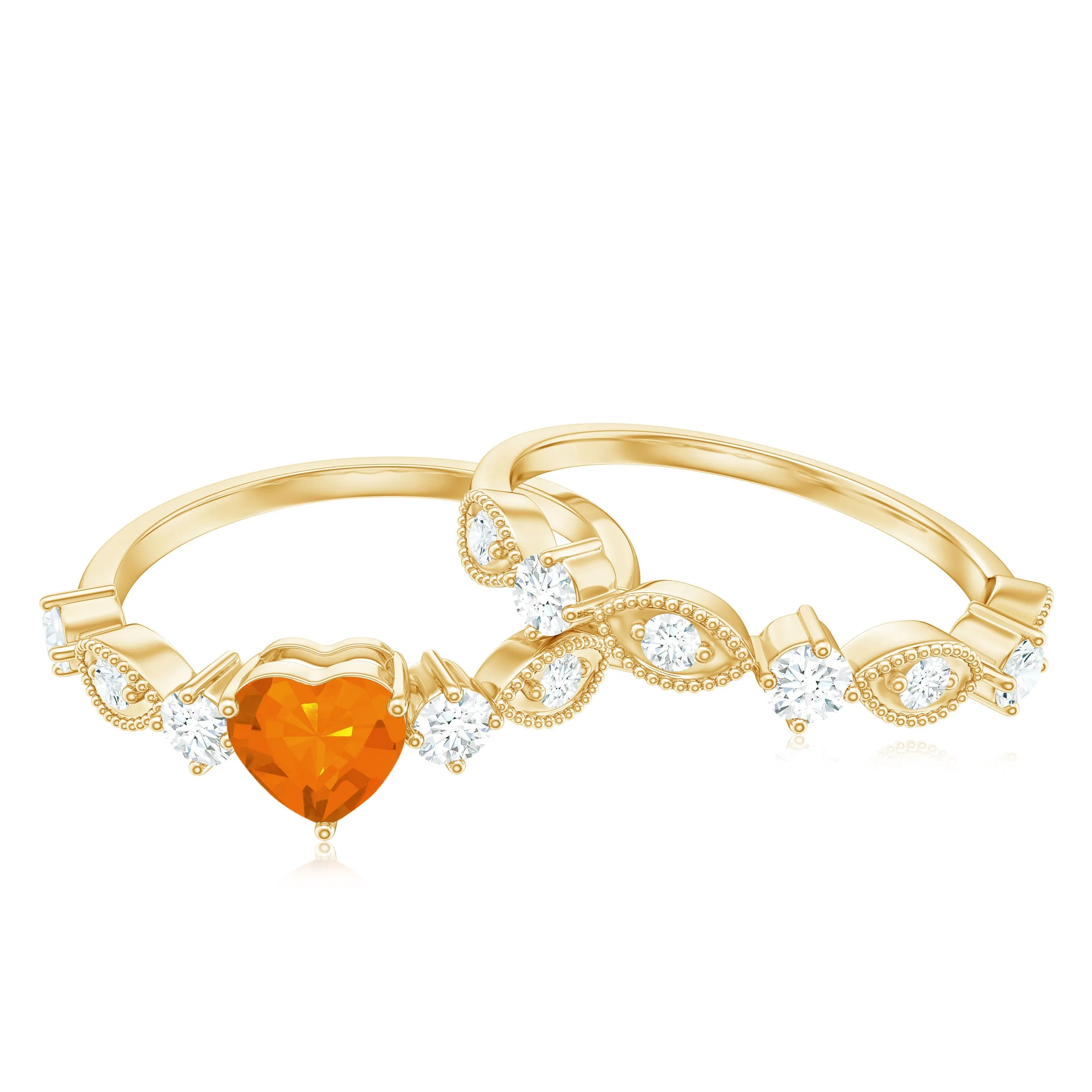 Heart Fire Opal and Moissanite Wedding Ring Set