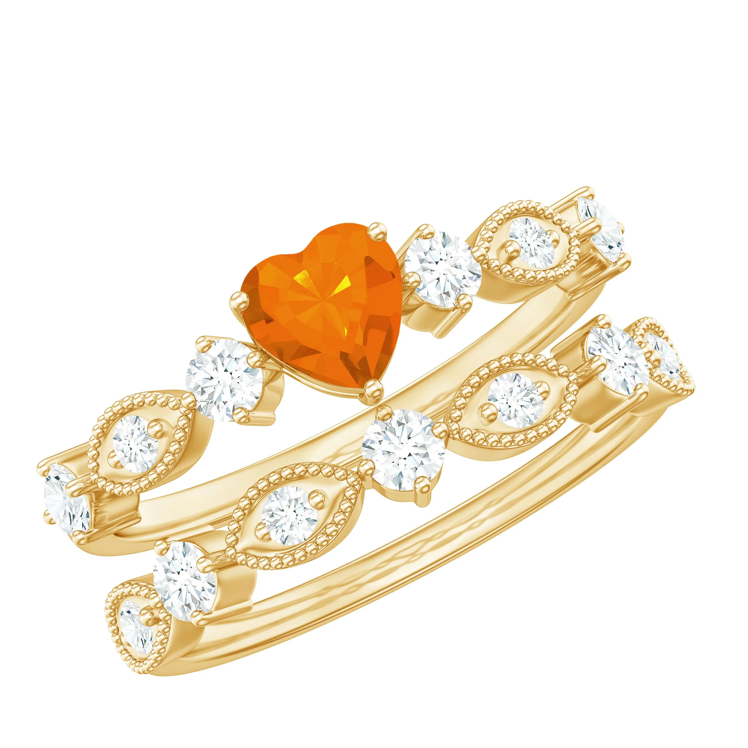 Heart Fire Opal and Moissanite Wedding Ring Set