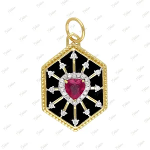 Hexagon Shape Diamond Ruby Heart Black Onyx Pendant 16x22mm