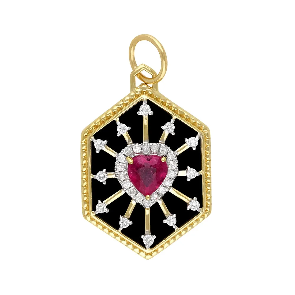 Hexagon Shape Diamond Ruby Heart Black Onyx Pendant 16x22mm