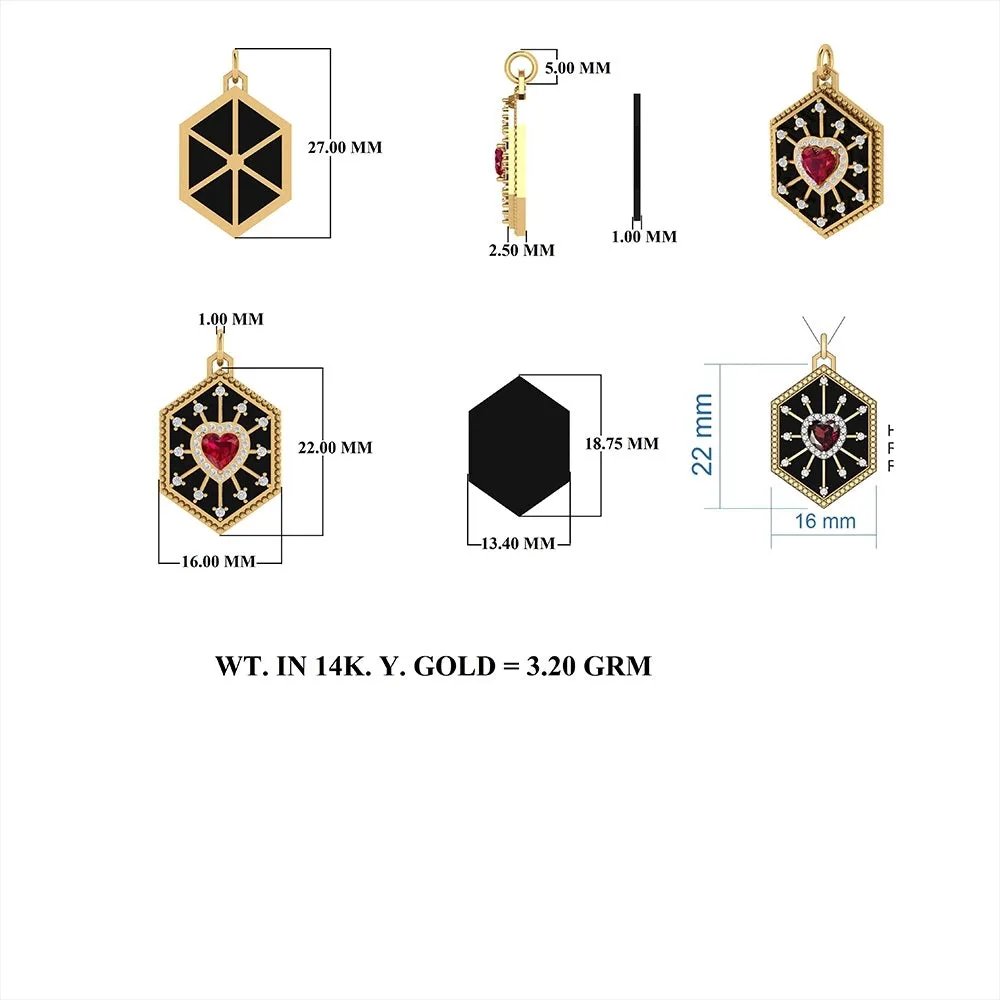 Hexagon Shape Diamond Ruby Heart Black Onyx Pendant 16x22mm