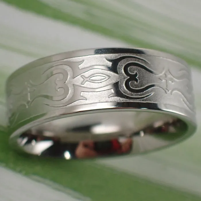 Jesus Fish Cross Ring Tribal Design