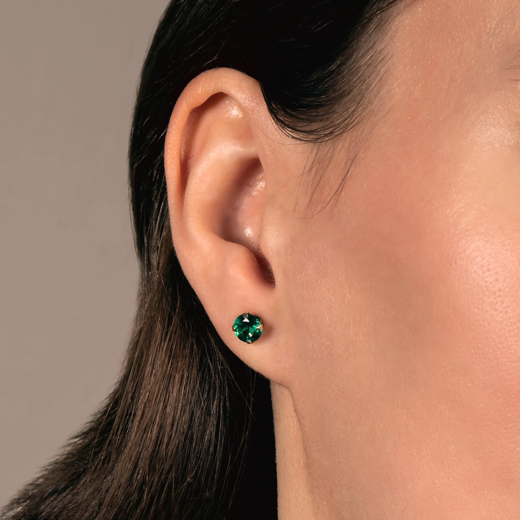 Jewelili 10K Yellow Gold With Round Cut Created Emerald Stud Earrings