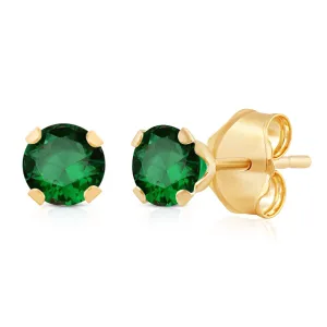 Jewelili 10K Yellow Gold With Round Cut Created Emerald Stud Earrings