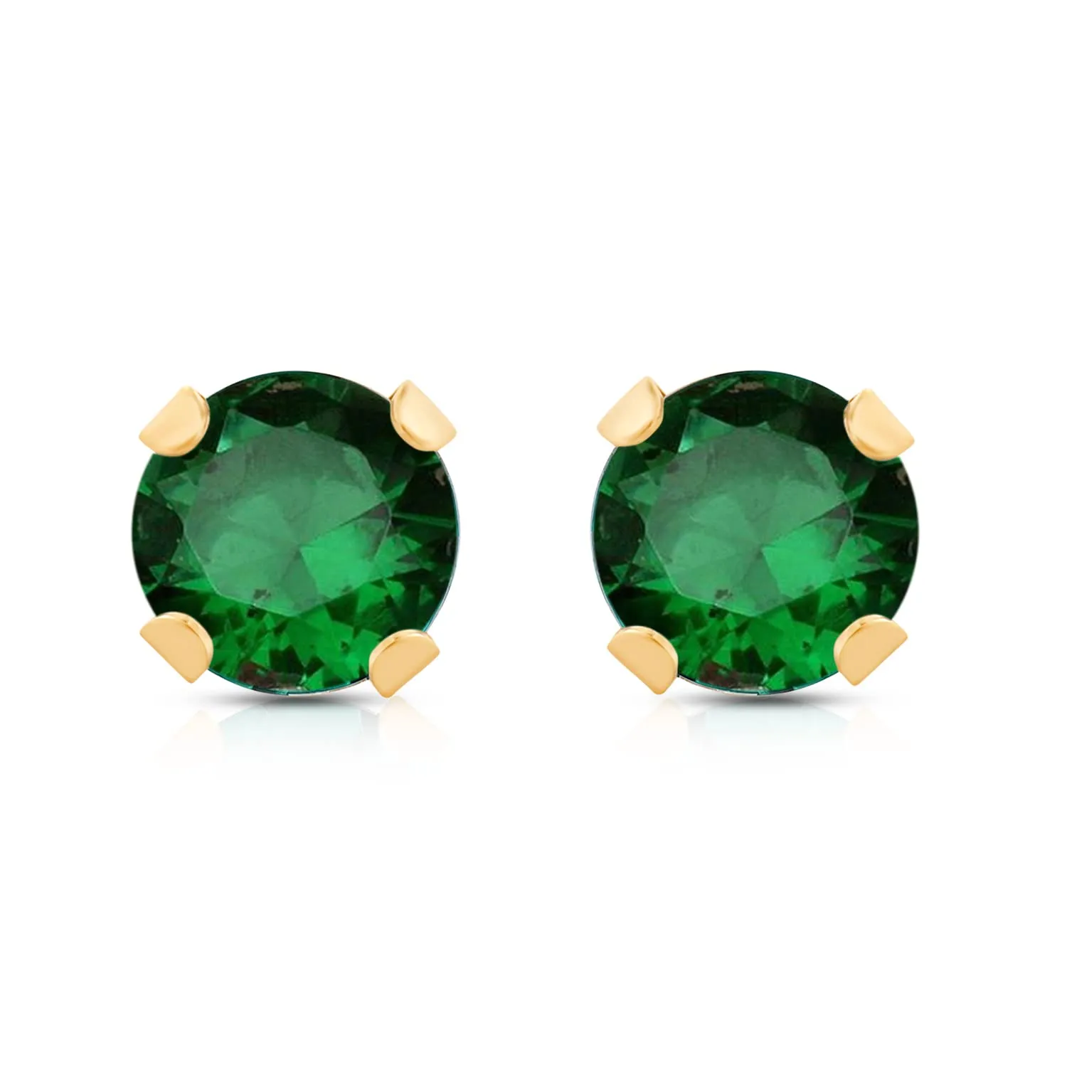 Jewelili 10K Yellow Gold With Round Cut Created Emerald Stud Earrings