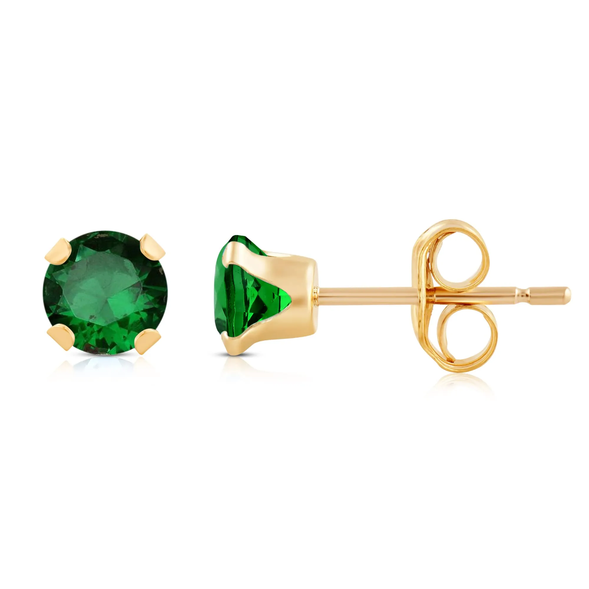 Jewelili 10K Yellow Gold With Round Cut Created Emerald Stud Earrings
