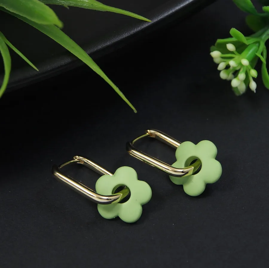 Korean Gold Plated Marbled Colourful Floral Hoops Earring