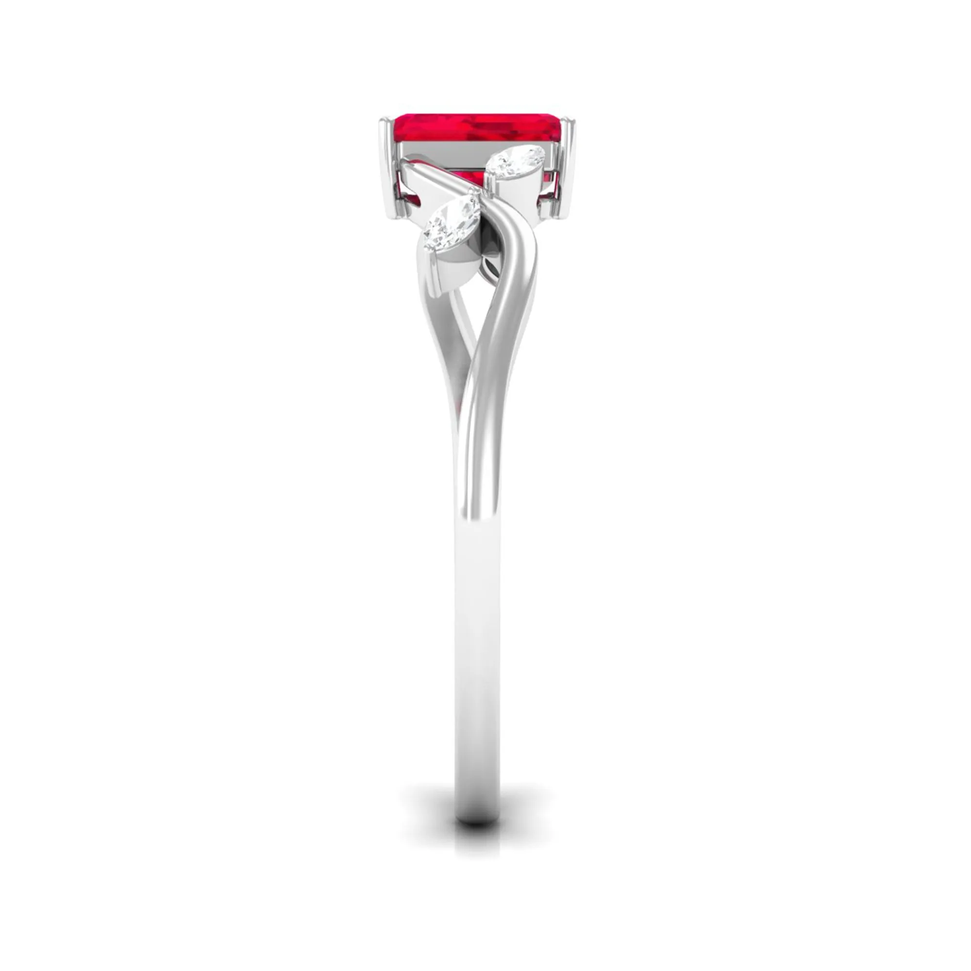 Lab Grown Ruby Solitaire Split Shank Ring with Diamond
