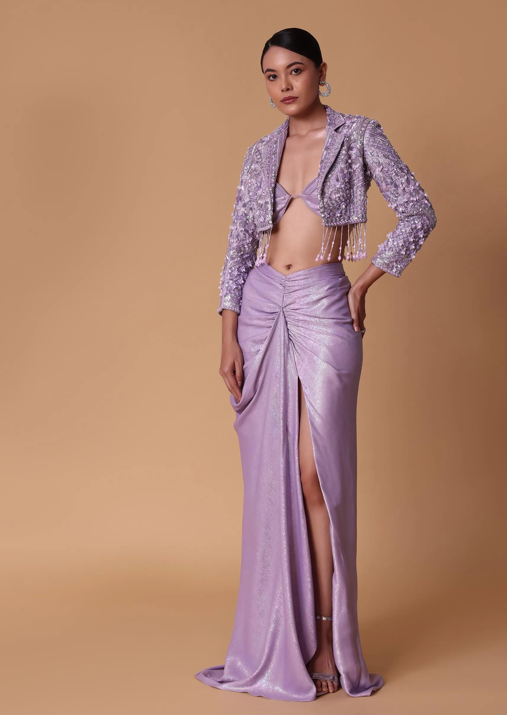 Lilac Foil Print Draped Slit Skirt With Bustier And Short Jacket