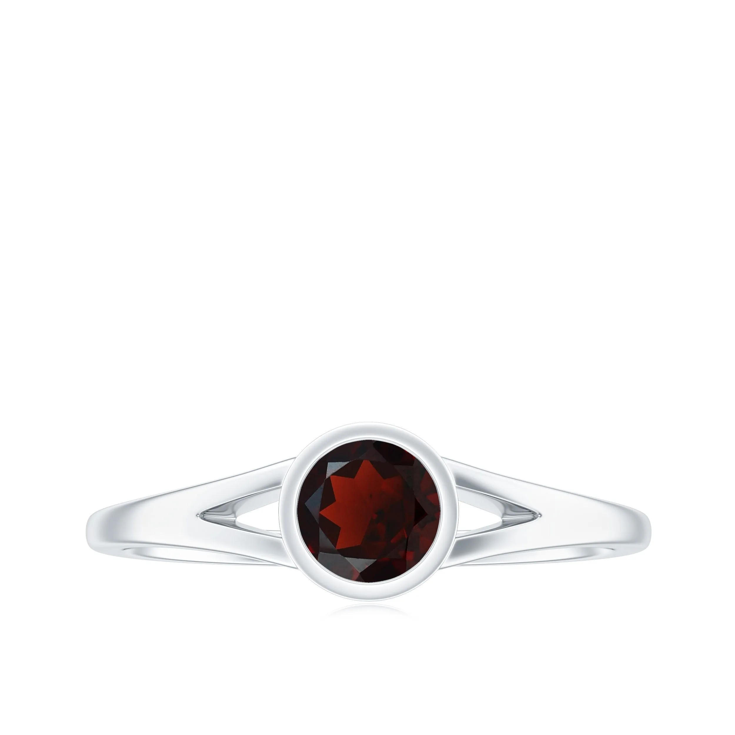 Minimal Round Shape Garnet Solitaire Split Shank Ring