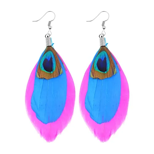 Mudra Crafts Peacock Feather Earrings for Women Girls Lightweight Boho Feather Dangle Earrings Natural Feather Earrings Large Peacock Earrings for Women