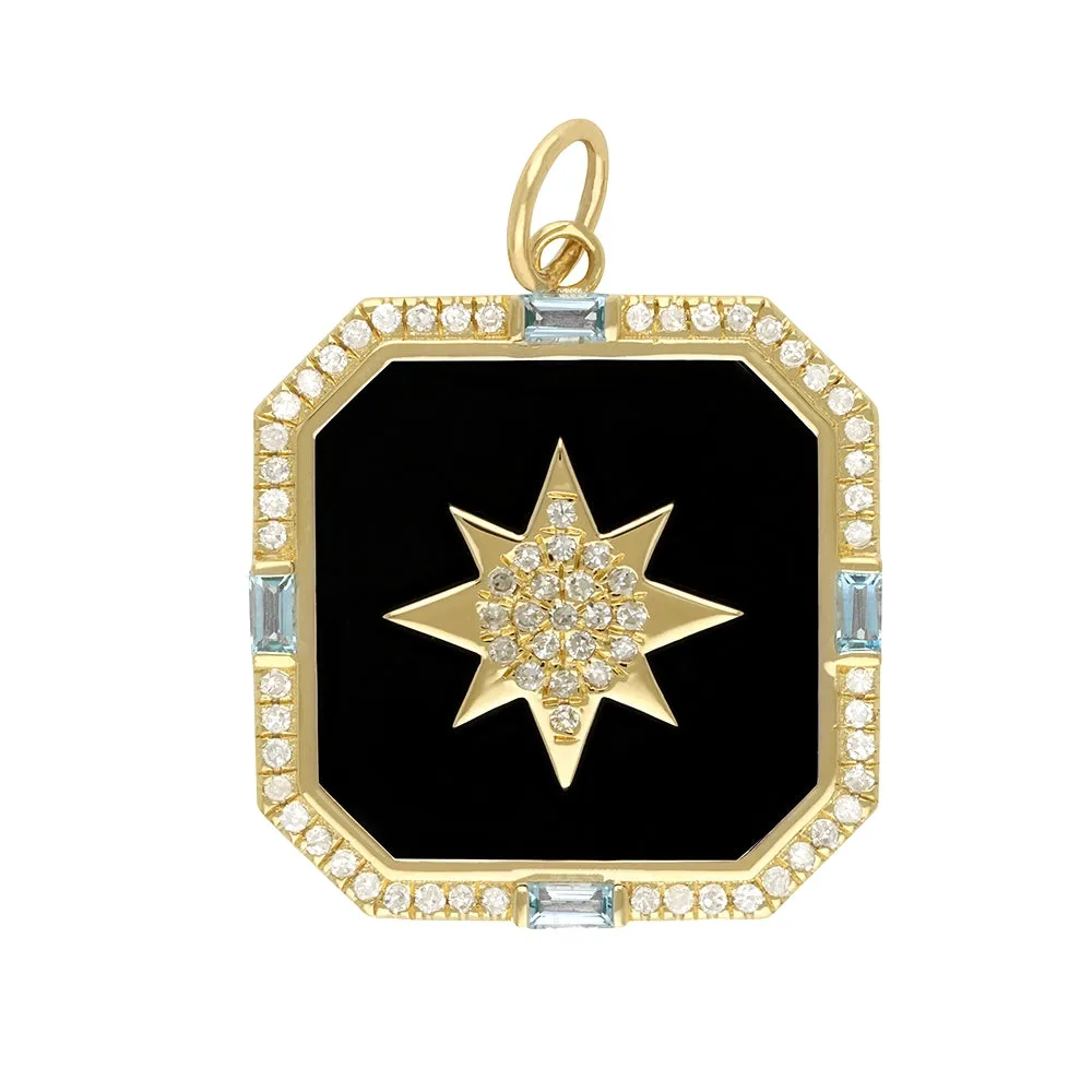 Octagon Shape Black Onyx Diamond Star Pendant 22x22mm