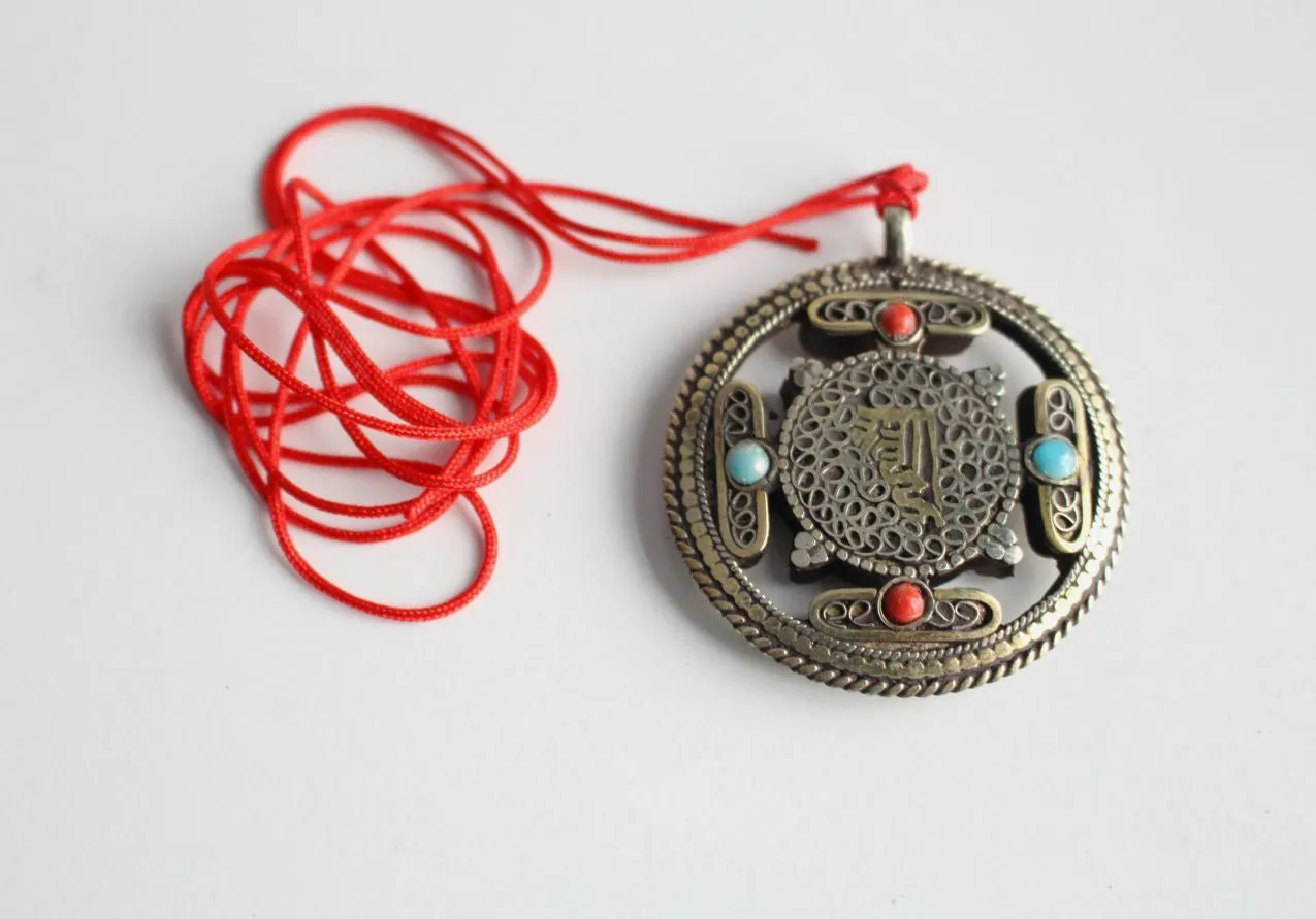 Om &  Kalachakra White Metal Tibetan Mandala Pendant