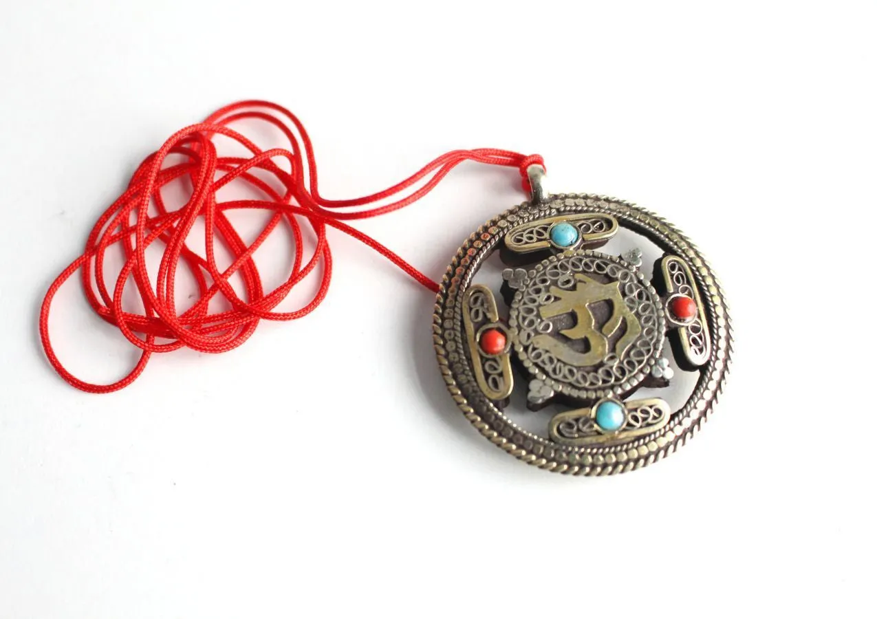Om &  Kalachakra White Metal Tibetan Mandala Pendant