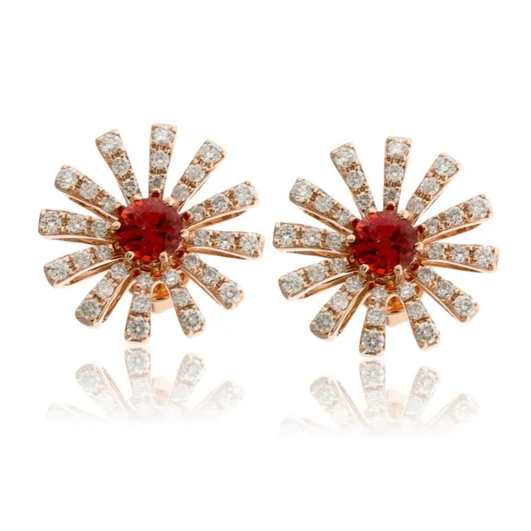 Orange Round Sapphire and Diamond Sun Style Earrings