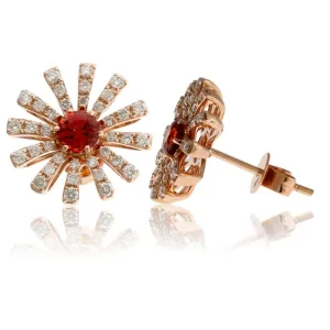 Orange Round Sapphire and Diamond Sun Style Earrings